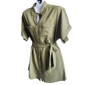 Abercrombie & Fitch Olive Green Linen-Blend Mini Shirt Dress M/Tall Safari Chic